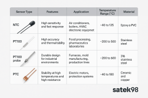 تصویر چهار نوع سنسور حرارتی ساتک 98 شامل سنسور NTC سیمی، PT100 سیمی، PT100 میلهای و PTC سیمی با طراحی صنعتی و لوگوی satek98 در پایین تصویر