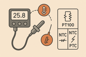 تصویر شماتیک از عملکرد سنسور حرارتی شامل تبدیل دما به سیگنال الکتریکی و نمایش عددی، همراه با نمایش دو نوع سنسور مقاومتی PT100 و ترمیستور های NTC و PTC برای کاربرد های صنعتی ساتک 98