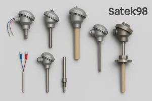 جدول انواع ترموکوپل ساتک 98 شامل مدل های E، J، K، N، T و SRB با توضیح محدوده دمایی، کاربرد های صنعتی و ویژگی های هر نوع ترموکوپل
