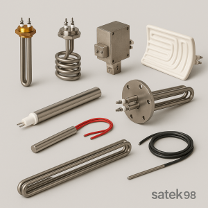 تصویر انواع المنت صنعتی ساتک 98 شامل مدلهای میلهای، سرامیکی، تسمهای، فشنگی و فلنجدار