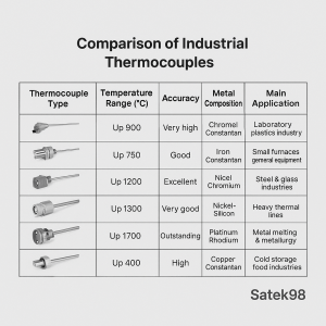 جدول مقایسه انواع ترموکوپل صنعتی ساتک 98؛ دمای کاری، دقت، ترکیب فلز و کاربرد مدل های E، J، K، N، SRB و T برای انتخاب بهترین ترموکوپل.