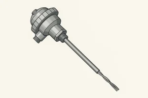 تصویر ترموکوپل صنعتی ساتک 98 با بدنه فلزی و سیم های دوتایی، طراحی دقیق برای اندازه گیری دمای بالا در محیط های صنعتی سنگین