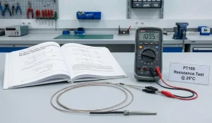تصویر سنسور PT100 همراه با مولتی متر برای تست مقاومت طبق استاندارد IEC 60751 ساتک 98